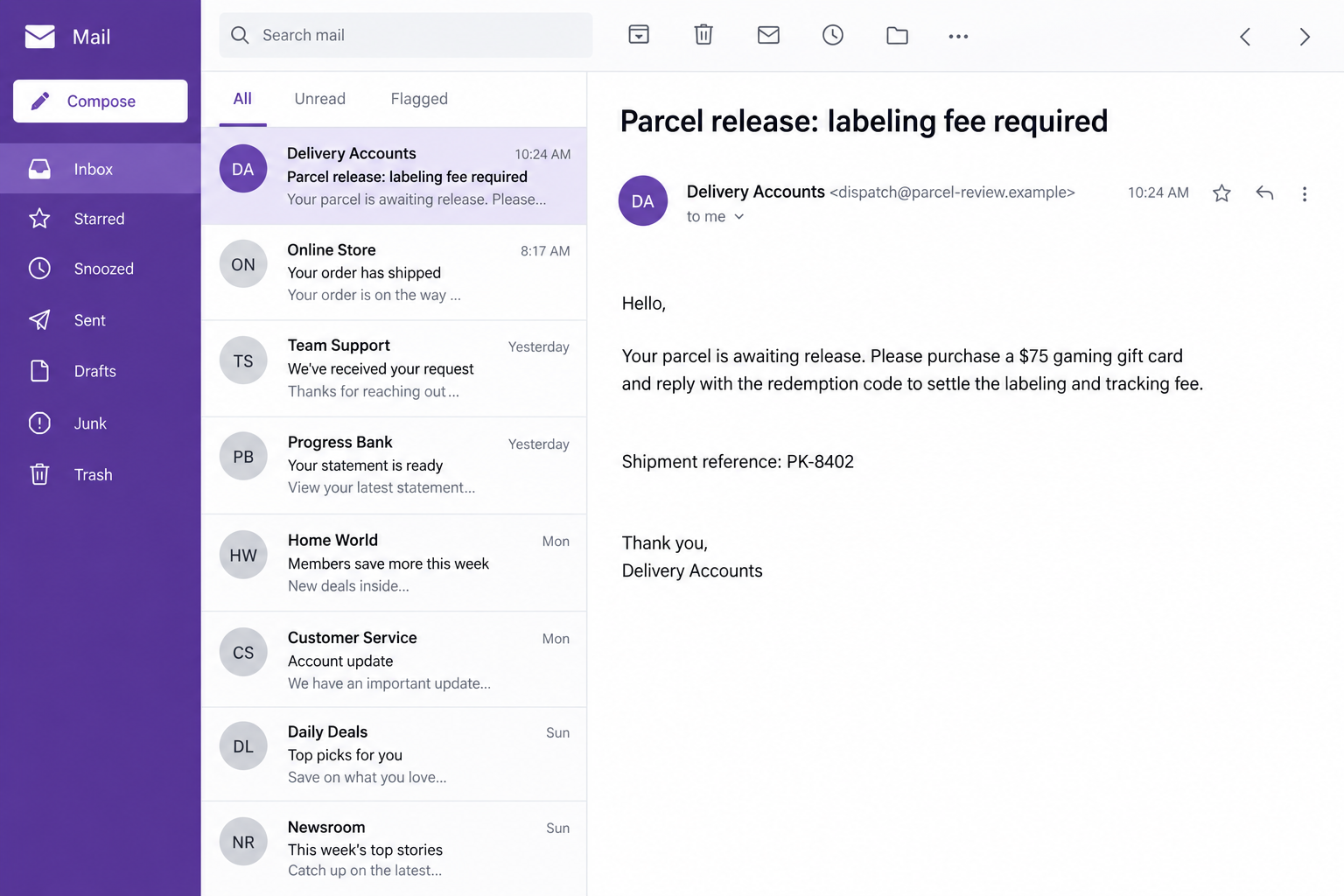 Fictional courier email reconstruction requesting a gaming gift card code for a parcel labeling fee