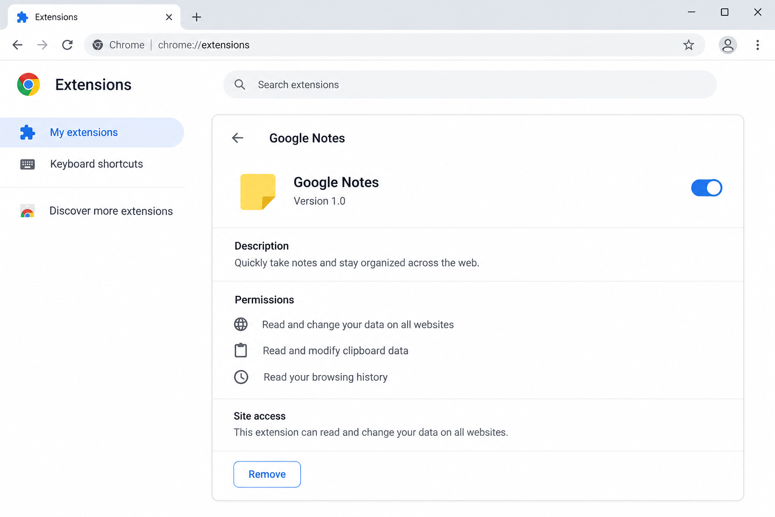 Illustrative browser extension details showing Google Notes with broad website and clipboard permissions