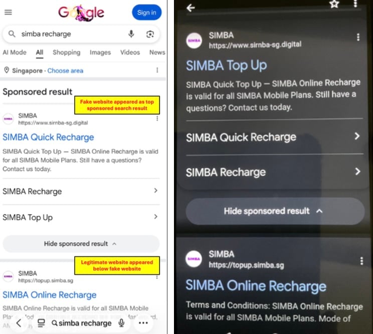 SIMBA Top-Up Scam: Fake Google Ads Turn a Phone Recharge Into Card Theft 1 Police example showing a fake sponsored SIMBA search result above the genuine top-up website