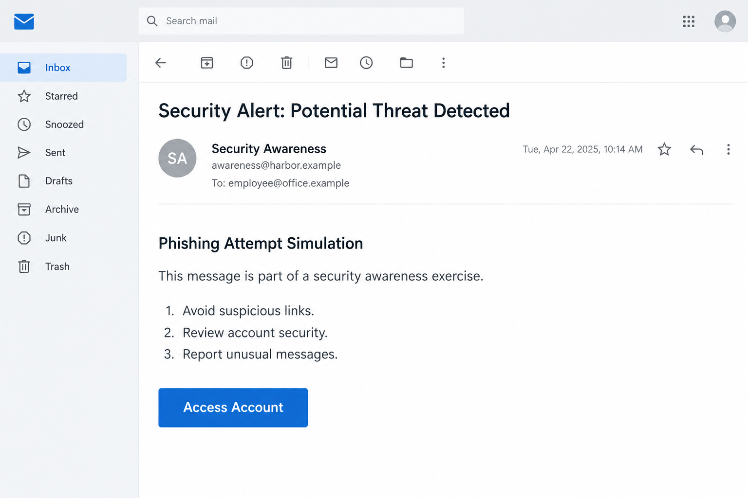 Illustrative phishing simulation email with security advice and an Access Account button