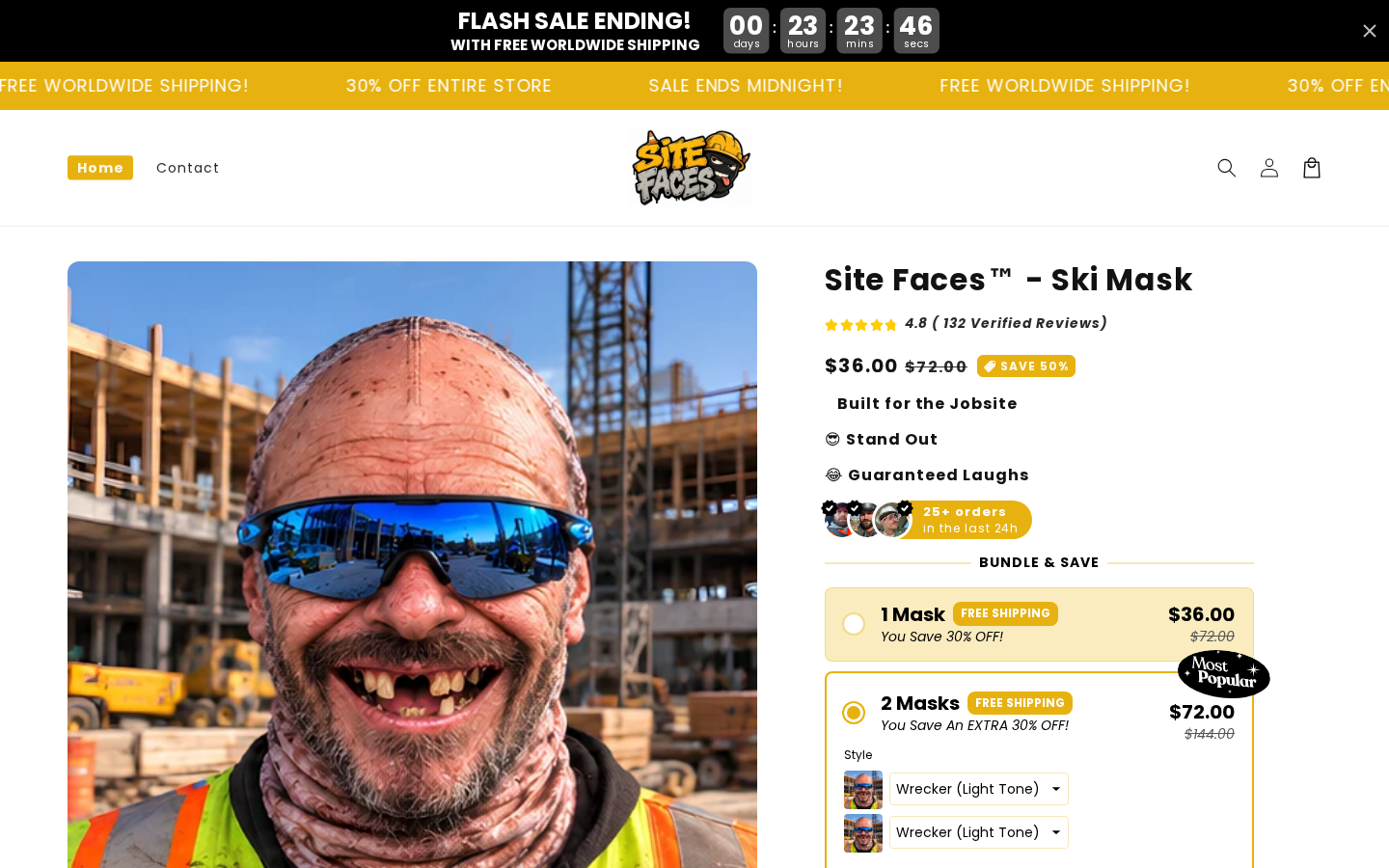 Site Faces Ski Mask Review: Bundle Pricing, Returns and Safety Explained 1 Site Faces ski mask offer showing the novelty face design, $36 single-mask price, and preselected two-mask bundle