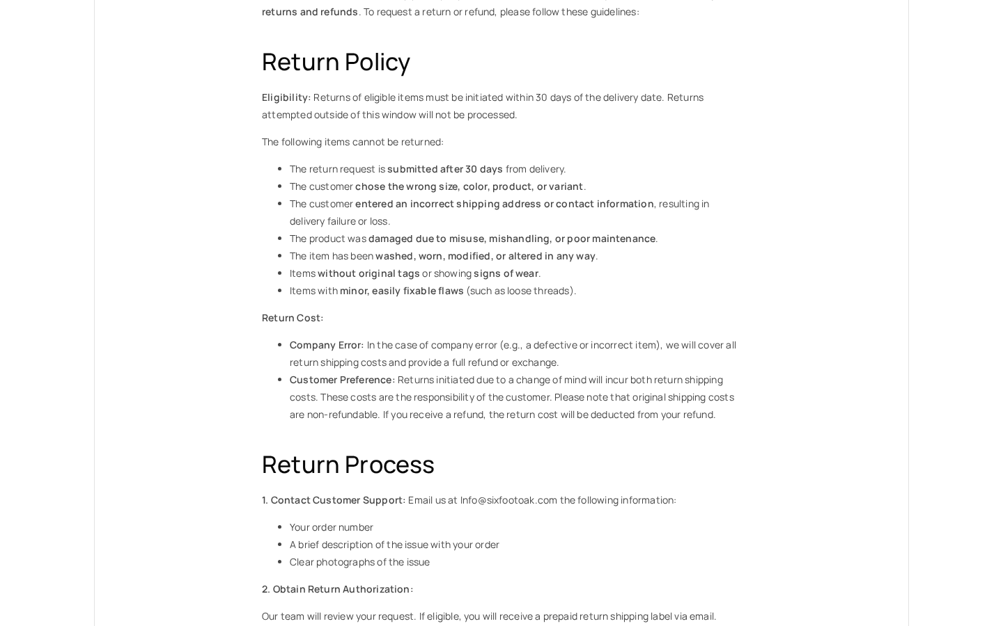 SixFootOak return policy listing eligibility conditions and wrong-size or variant exclusions