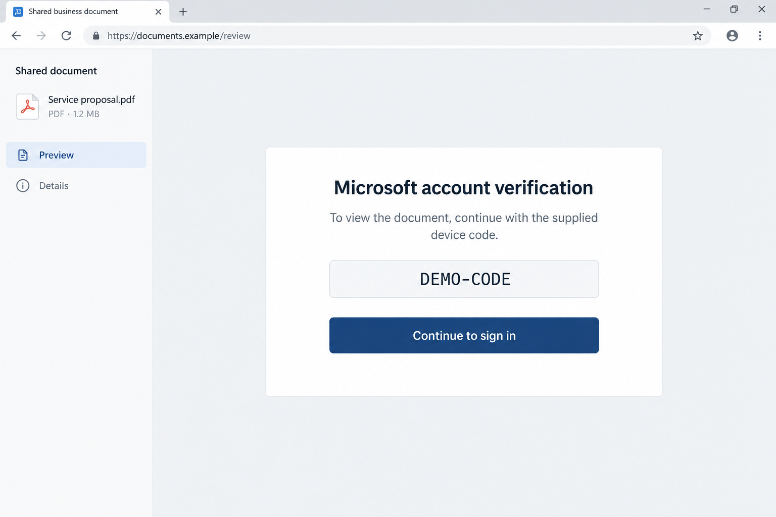 SkyW4lker Phishing Scam: A Real Microsoft Login Can Hand Over Your Account 1 Illustrative business document page asking the reader to enter a supplied Microsoft device code