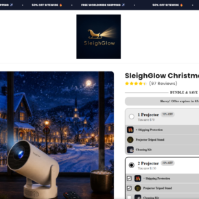 SleighGlow Christmas projector offer showing bundle choices and optional add-ons