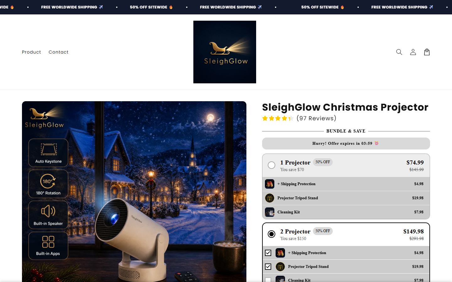 SleighGlow Projector Review: Return Conflicts, Bundles and Buyer Risks 1 SleighGlow Christmas projector offer showing bundle choices and optional add-ons