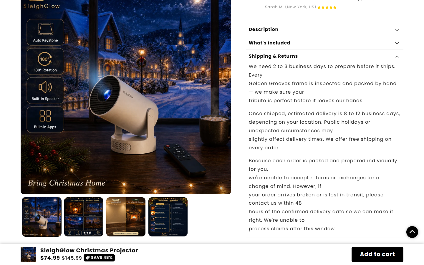 SleighGlow Projector Review: Return Conflicts, Bundles and Buyer Risks 2 SleighGlow product accordion referring to an unrelated Golden Grooves frame