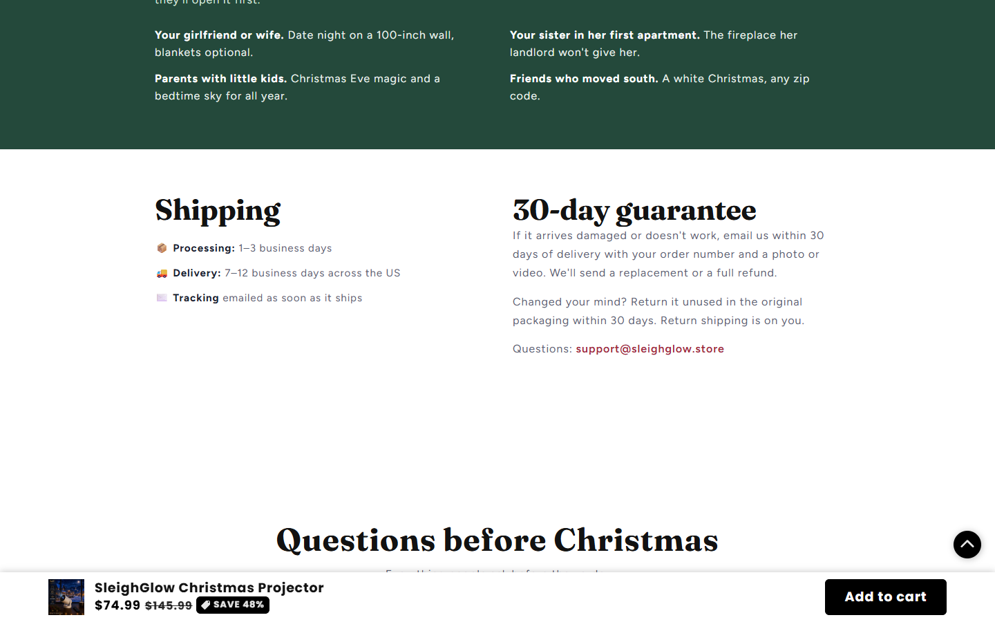 SleighGlow Projector Review: Return Conflicts, Bundles and Buyer Risks 3 SleighGlow page promising 30-day returns for unused Christmas projectors