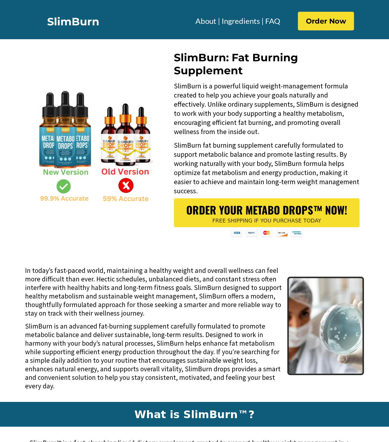 Slim Burn Drops: Scam or Legit? Product Switch and Refunds Investigated 1 SlimBurn promotional page presenting Metabo Drops as a new version beside the older SlimBurn bottle