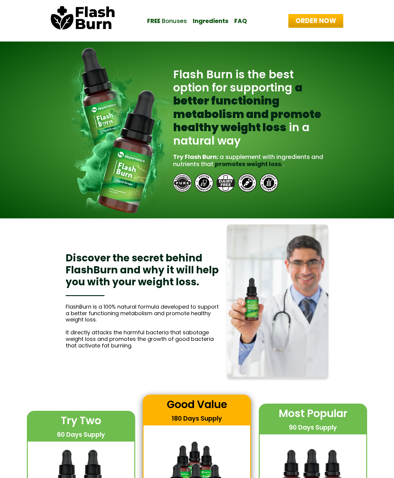 Slim Burn Drops: Scam or Legit? Product Switch and Refunds Investigated 3 Flash Burn destination reached through a Slim Burn Drops promotional link, showing different branding and package choices