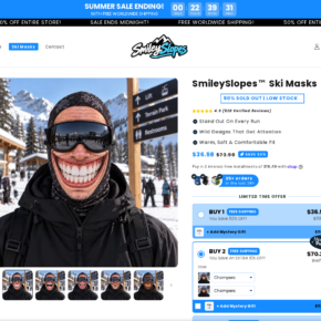 SmileySlopes ski mask product page with sale messaging and bundle options
