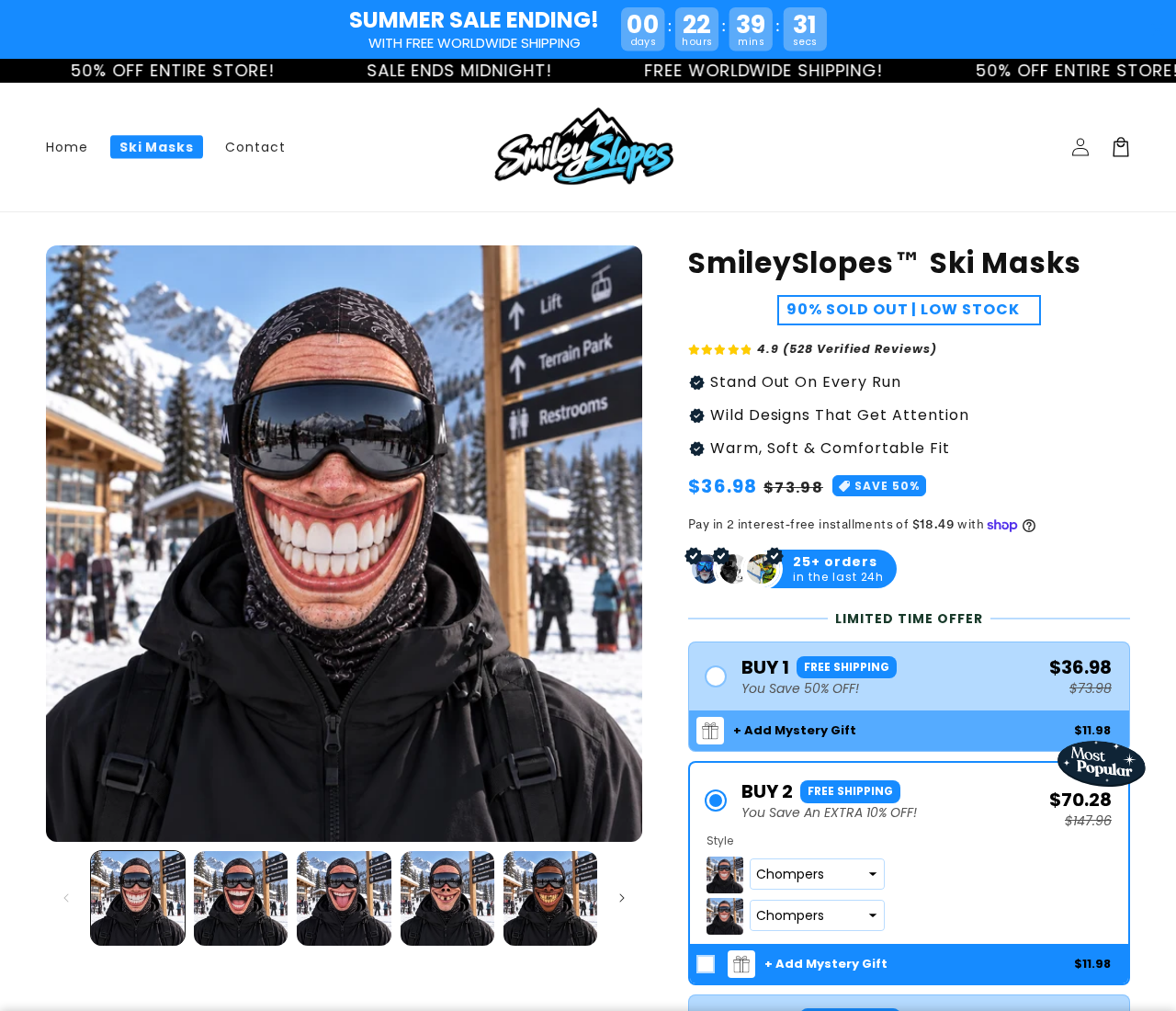 SmileySlopes Ski Masks Review: Warranty, Bundle Deals and Return Problems 1 SmileySlopes ski mask product page with sale messaging and bundle options