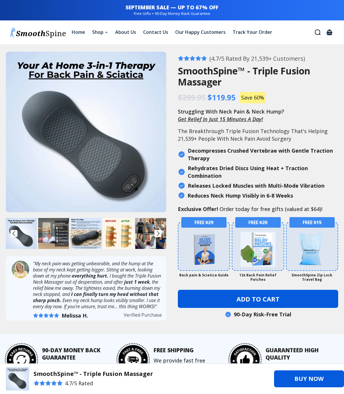 SmoothSpine Triple Fusion Neck Massager sales page and its neck-pain claims