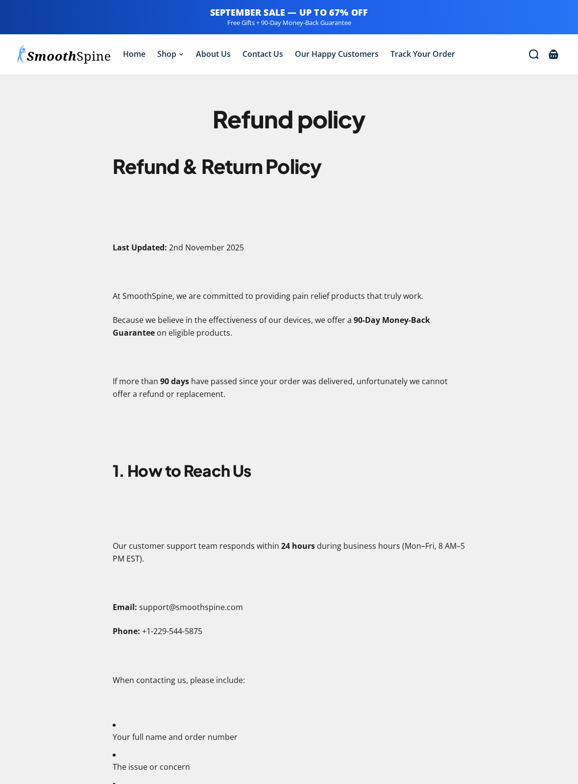 SmoothSpine refund-policy page showing its 90-day guarantee and customer-support contacts