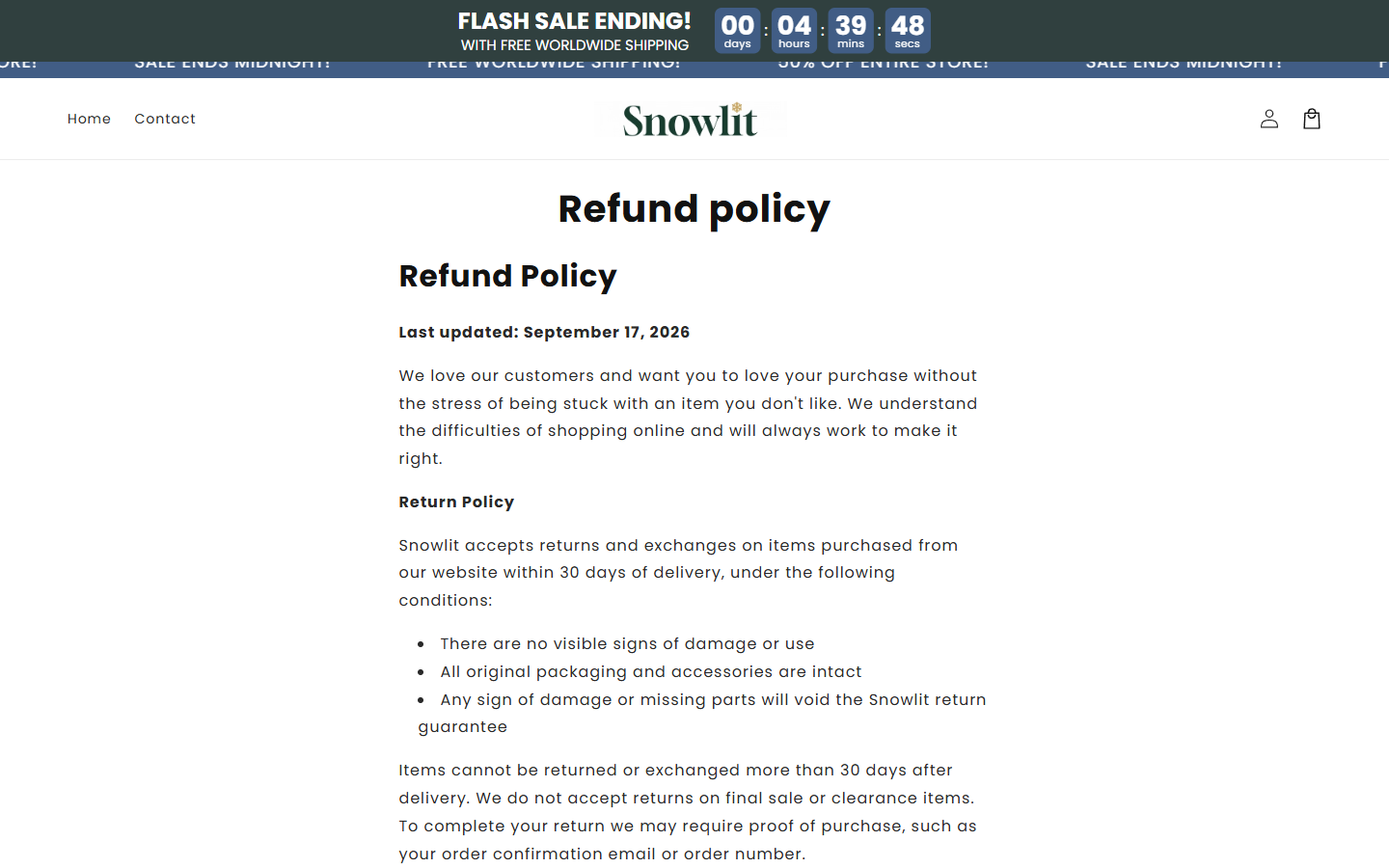 Snowlit refund policy excluding final sale or clearance items from returns