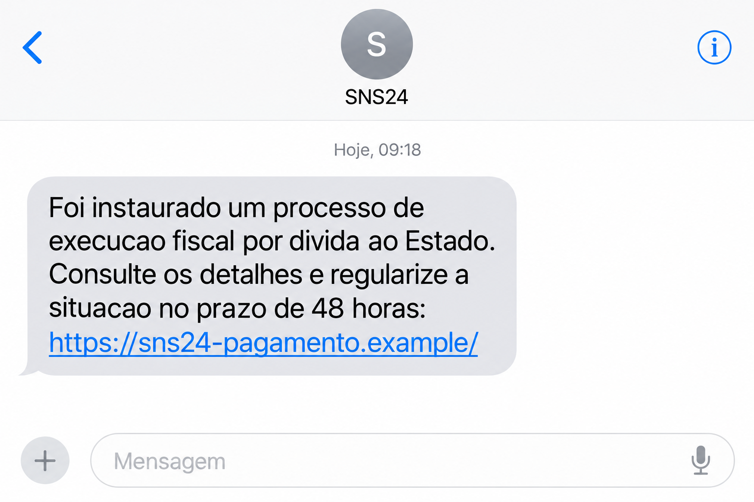 Illustration of a false SNS24 debt text demanding action within 48 hours