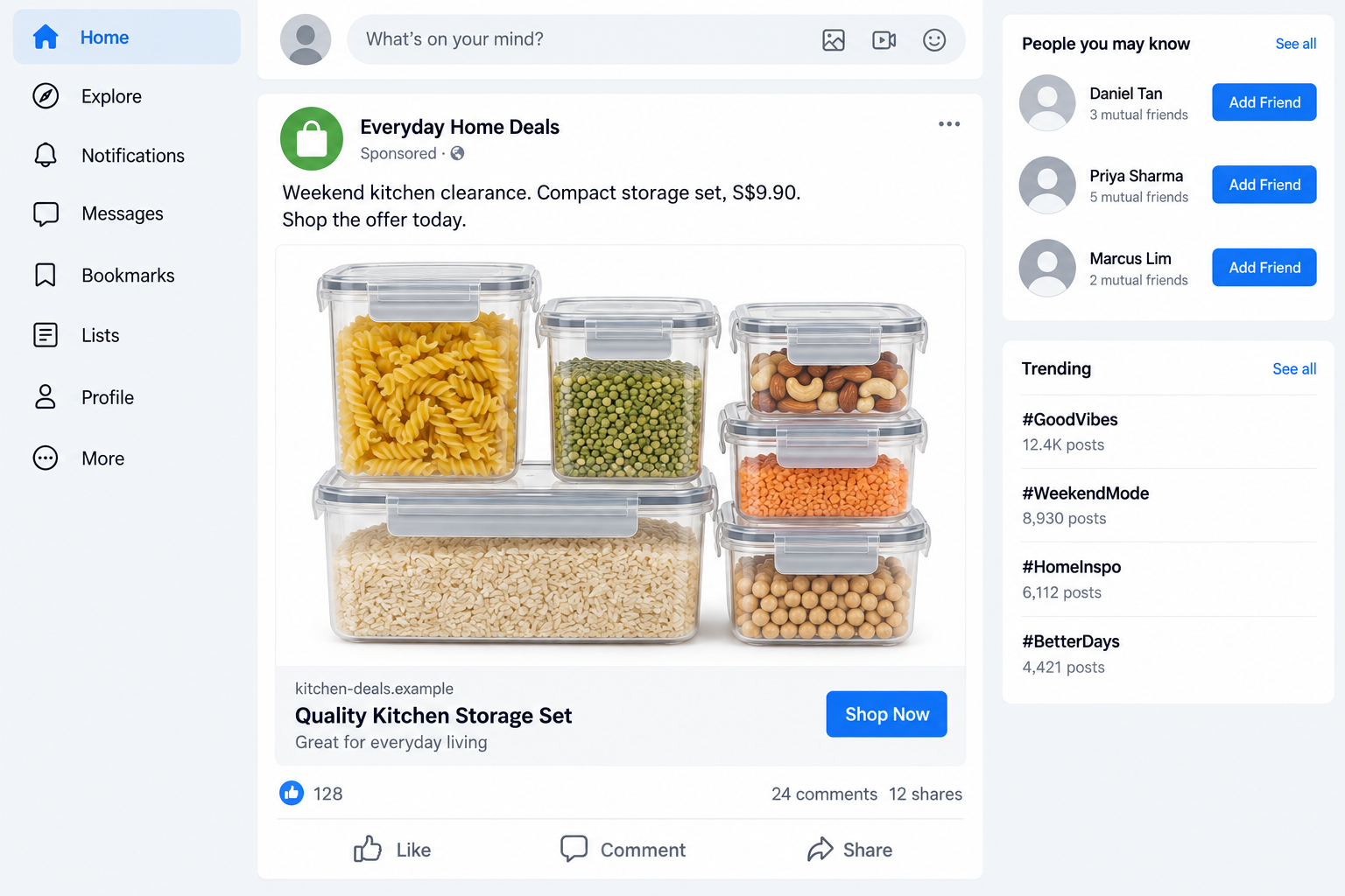 Illustrative sponsored kitchen bargain ad from a fictional shop using an example domain
