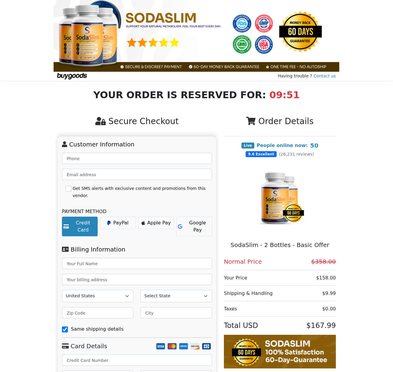 Soda Slim Australia: Scam or Legit? Weight-Loss Claims and Buying Risks 3 SodaSlim BuyGoods payment page with USD pricing, United States default, and explicit no-autoship promise