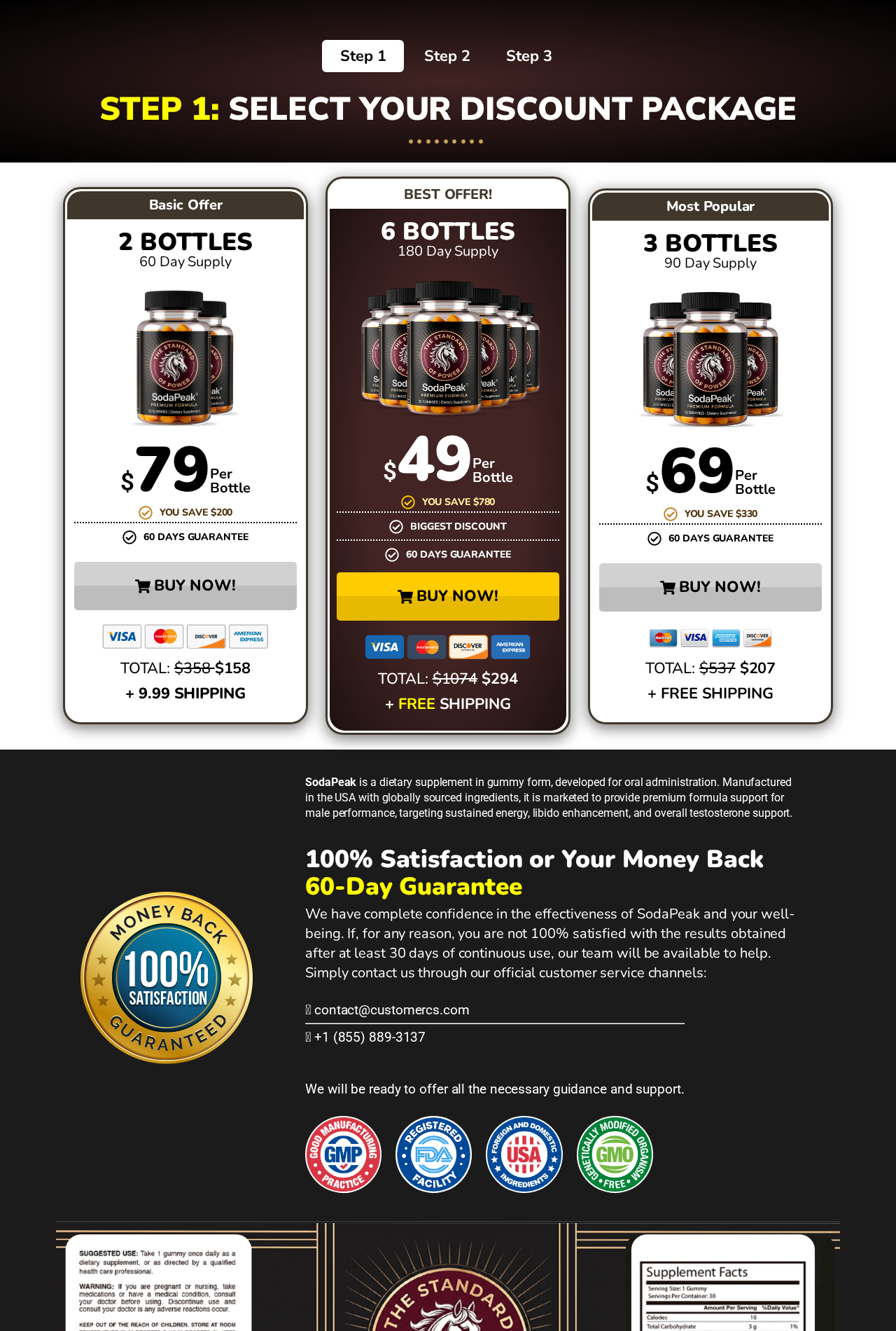 SodaPeak gummies sales offer displaying two-, three-, and six-bottle packages with a money-back guarantee