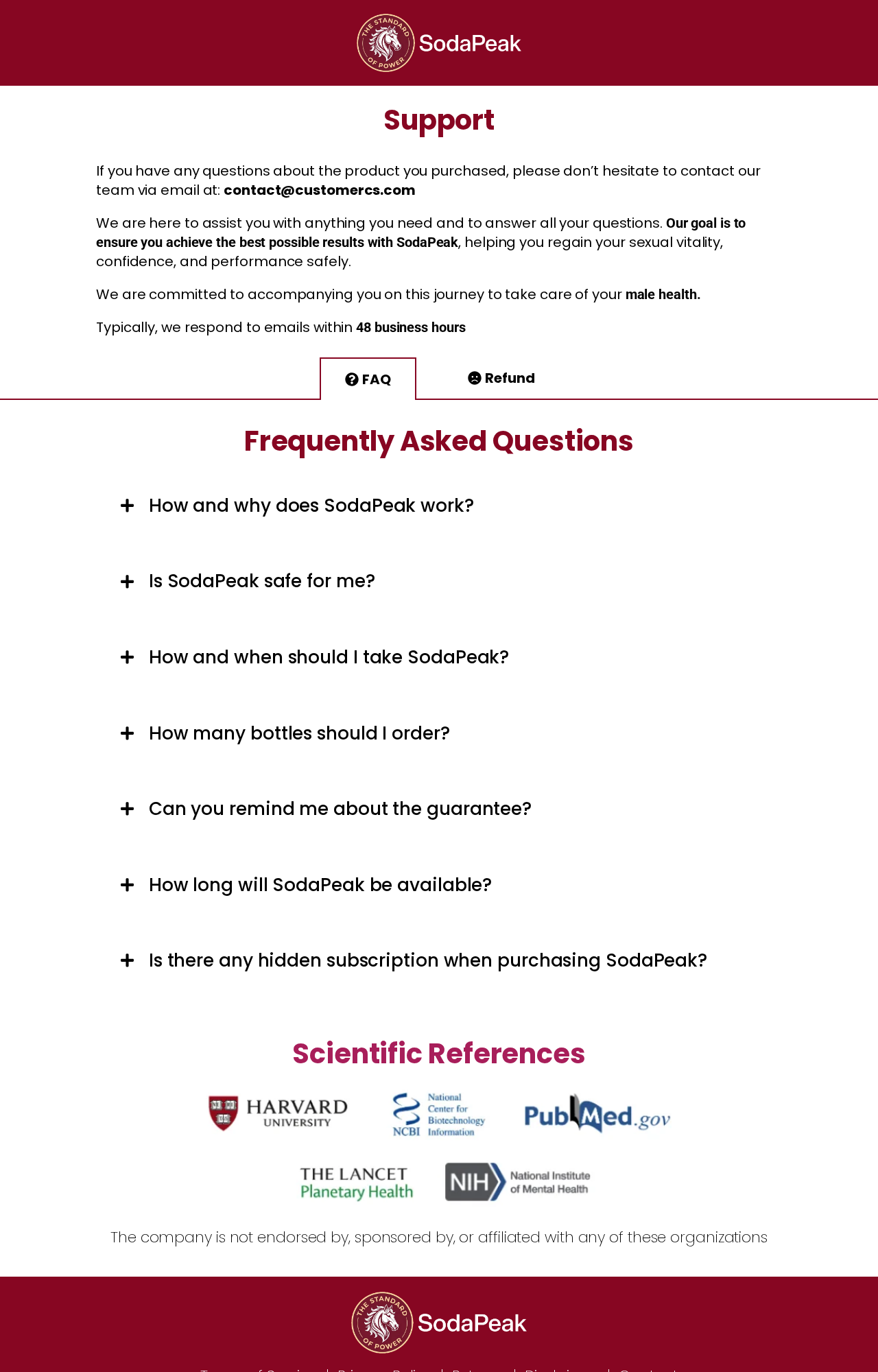 SodaPeak support page showing FAQ and refund tabs, contact details, and scientific logos with a nonendorsement statement