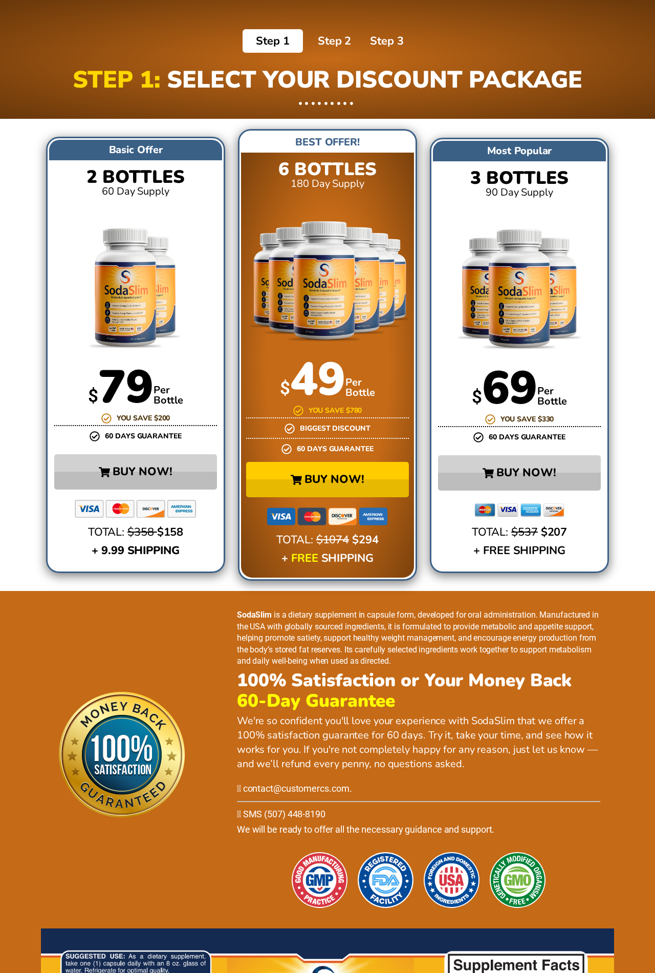 SodaSlim EXPOSED: Bottle Bundles, Seller Gaps and Conflicting Refund Rules 1 SodaSlim capsule offer showing package prices, a 60-day money-back guarantee, and support information