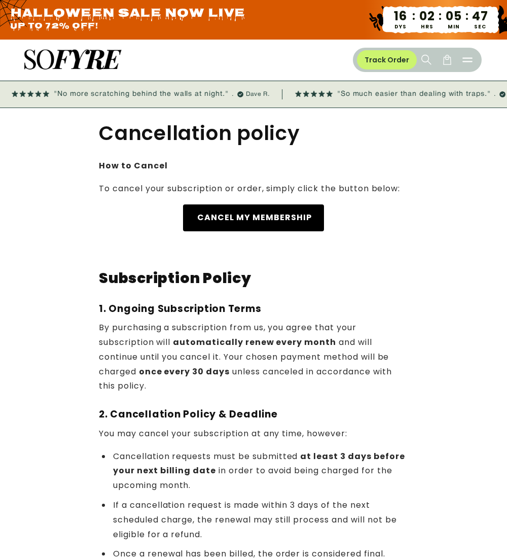 SoFyre Critter Control EXPOSED: Safety Claims, Refills and Refund Problems 2 SoFyre subscription policy describing automatic renewal and the cancellation cutoff