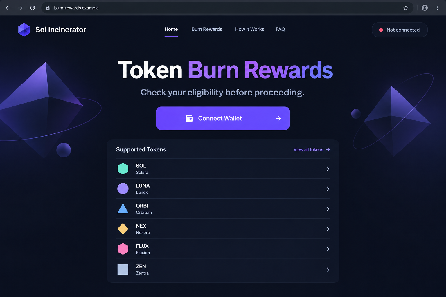 Illustrative token burn rewards webpage with a connect wallet button and fictional example address
