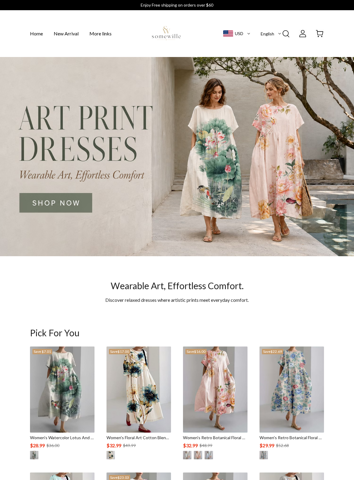 Somewille Review: Confused Support, Delivery Complaints and Return Risks 1 Somewille storefront displaying art-print dresses, sale prices and a free-shipping threshold