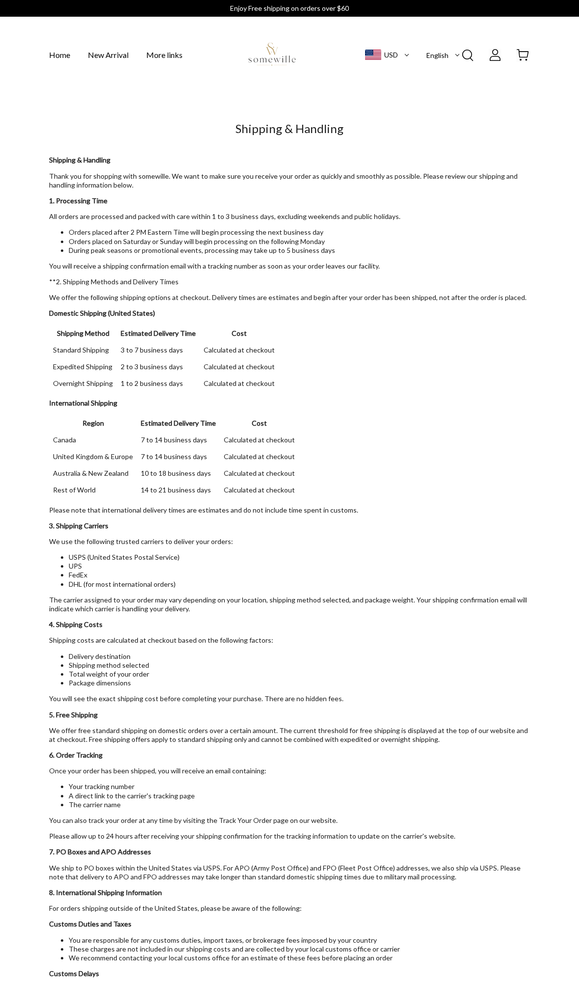 Somewille Review: Confused Support, Delivery Complaints and Return Risks 2 Somewille shipping policy showing processing times, delivery estimates and separate shipping-cost conditions