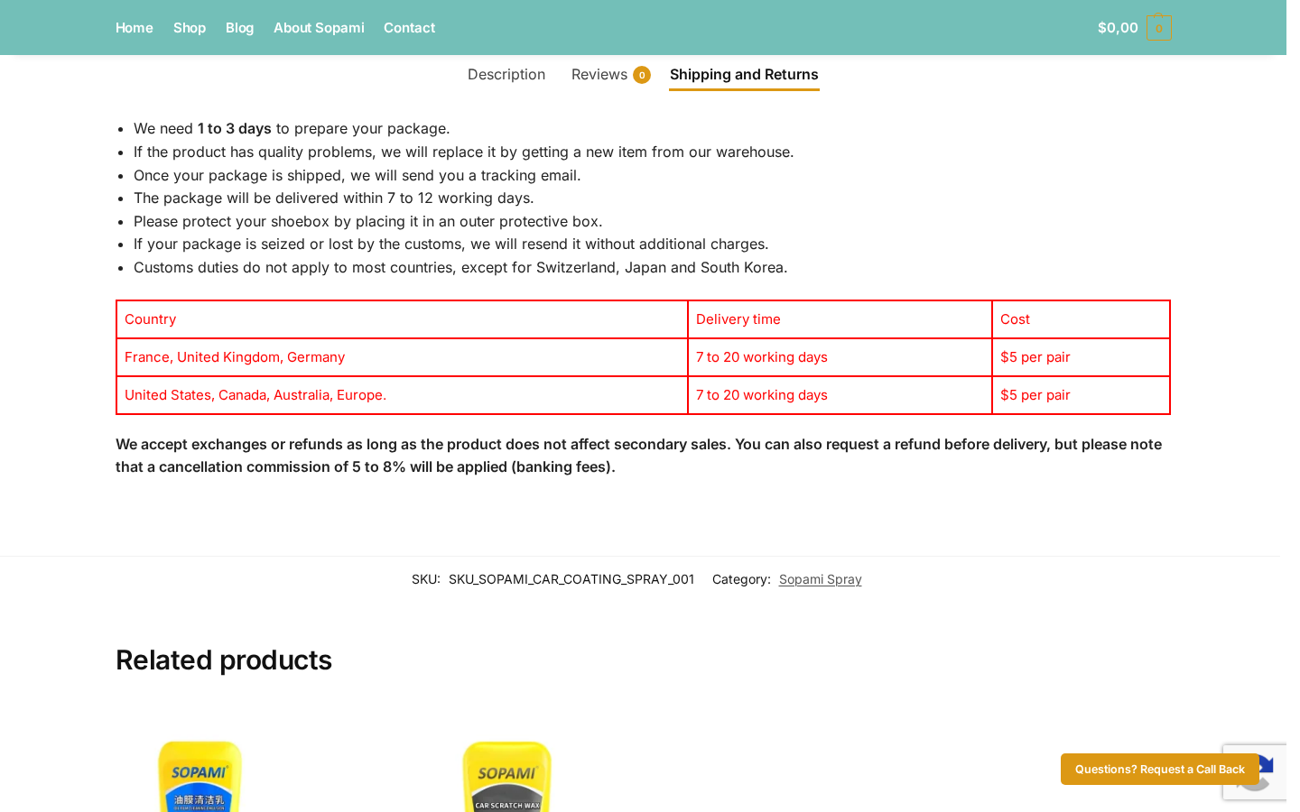 Sopami Car Coating Spray Reviews: Claims, Returns, and Seller Risks Exposed 2 Sopami shipping and returns section referencing a shoebox, per-pair delivery costs, and a 5–8% cancellation commission