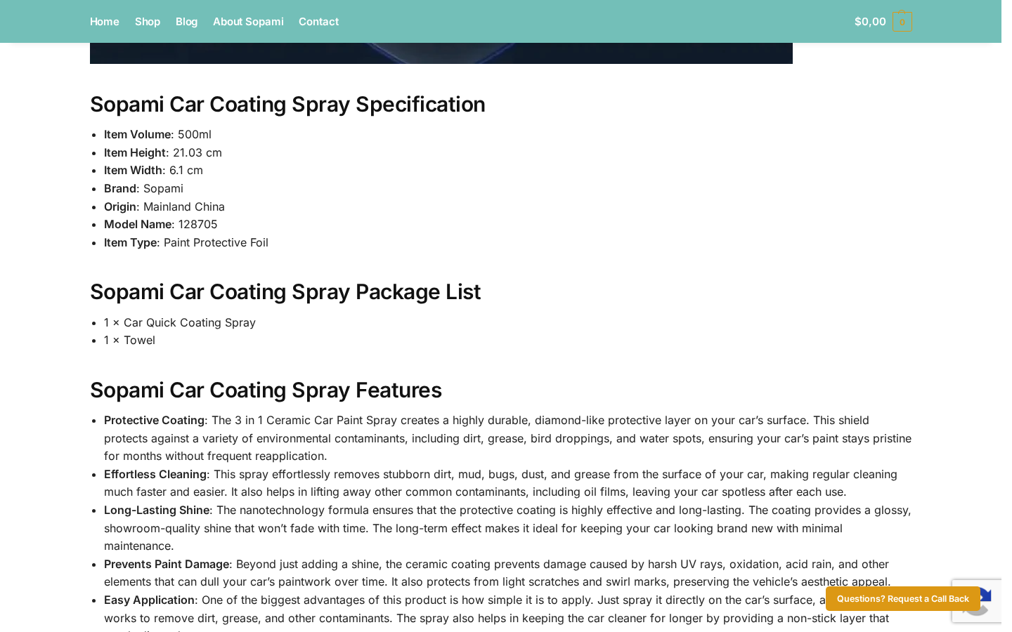 Sopami Car Coating Spray Reviews: Claims, Returns, and Seller Risks Exposed 1 Sopami seller listing showing coating spray specifications and Mainland China origin