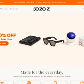 Sozoz homepage promoting up to 50% off, free shipping over $59, and 30-day returns