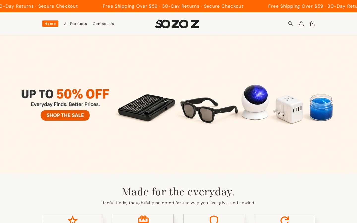 Sozoz Review: Why Its 30-Day Return Promise Is Not a Risk-Free Trial Deal 1 Sozoz homepage promoting up to 50% off, free shipping over $59, and 30-day returns