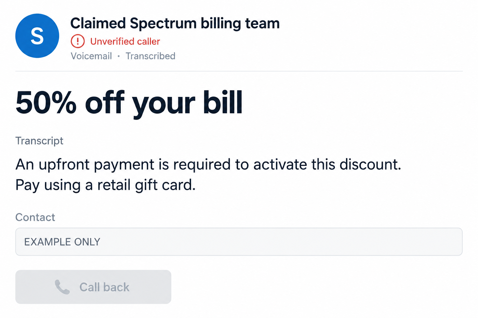 Spectrum 50% Off Scam Calls: The Fake Bill Discount That Costs You Money 1 Generated illustration of an unverified Spectrum discount voicemail asking for a retail gift card, with no working callback number