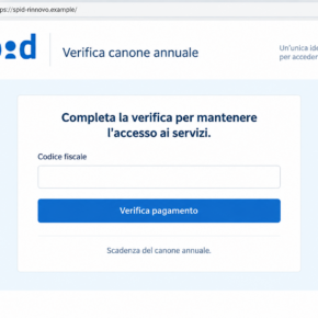 Illustration of a fake SPID annual-fee verification page requesting a tax code