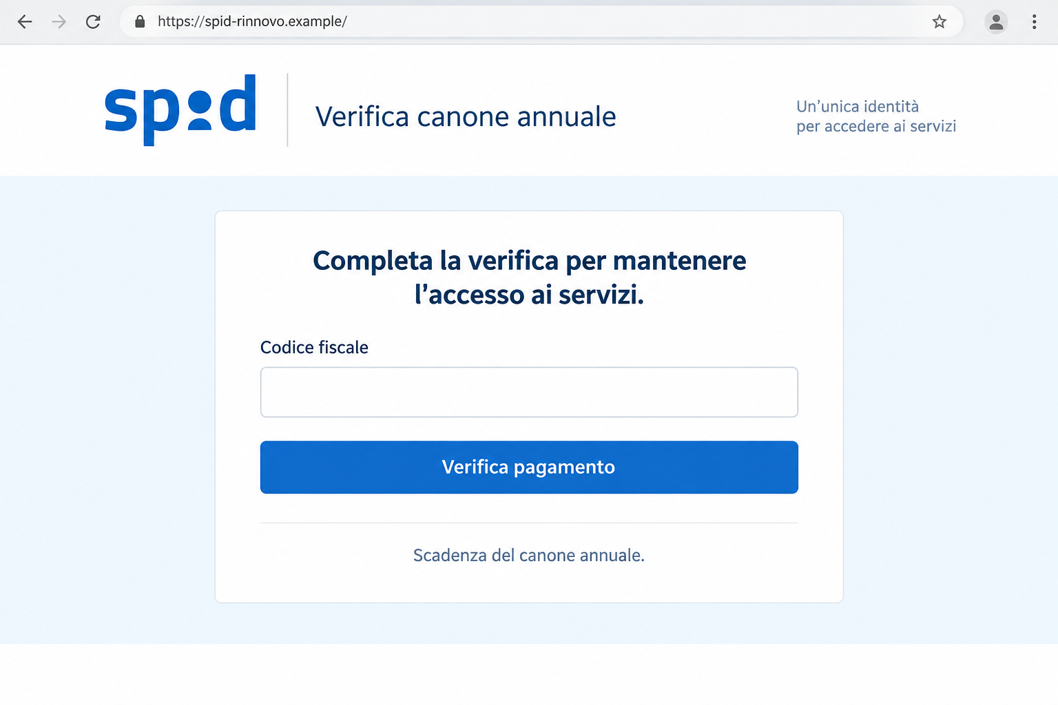 SPID Annual Fee Scam: Fake Renewal Pages Threaten to Cut Off Your Access 1 Illustration of a fake SPID annual-fee verification page requesting a tax code