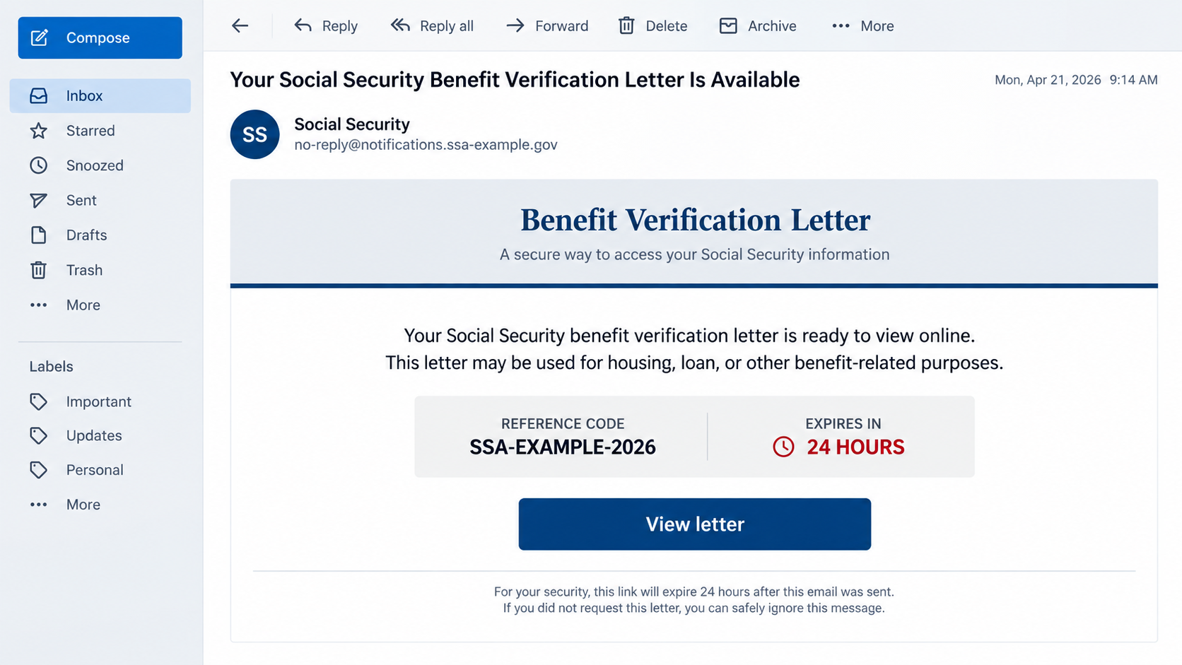 Illustration of a benefit verification letter email with a fictional reference code and 24-hour link