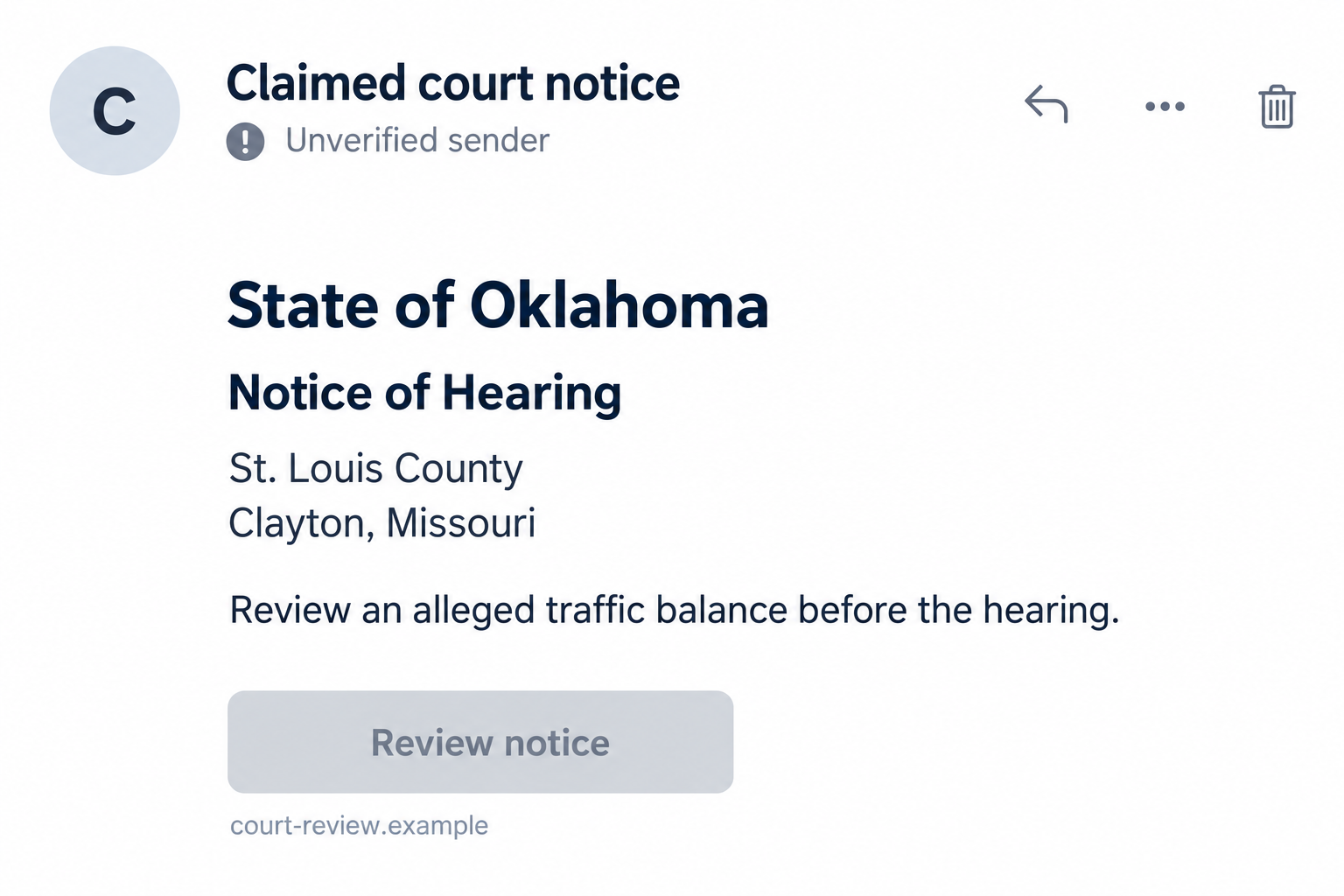 St. Louis County Oklahoma Court Scam: The Fake Hearing Notice to Ignore 1 Generated example of a suspicious hearing notice combining Oklahoma with St. Louis County in Clayton, Missouri, using a fictional inactive link