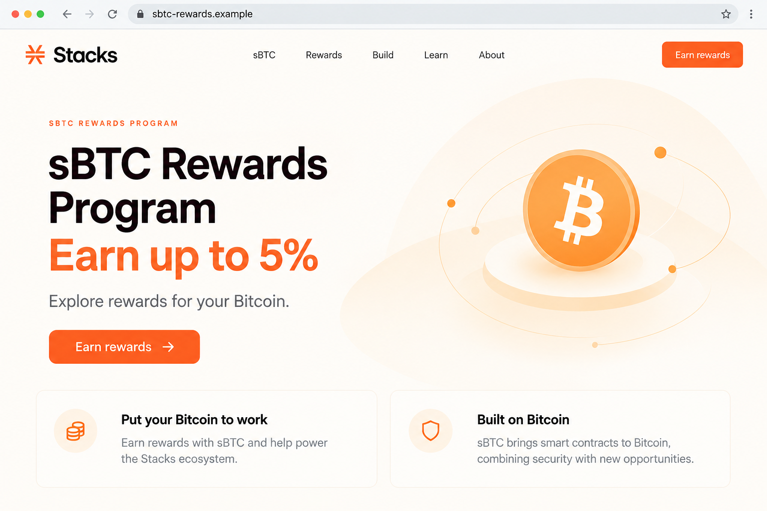 Fake Stacks sBTC Rewards Scam: Why the 5% Offer Asks for a Seed Phrase 1 Original illustration of a fake Stacks sBTC rewards offer showing up to 5% on a fictional example domain