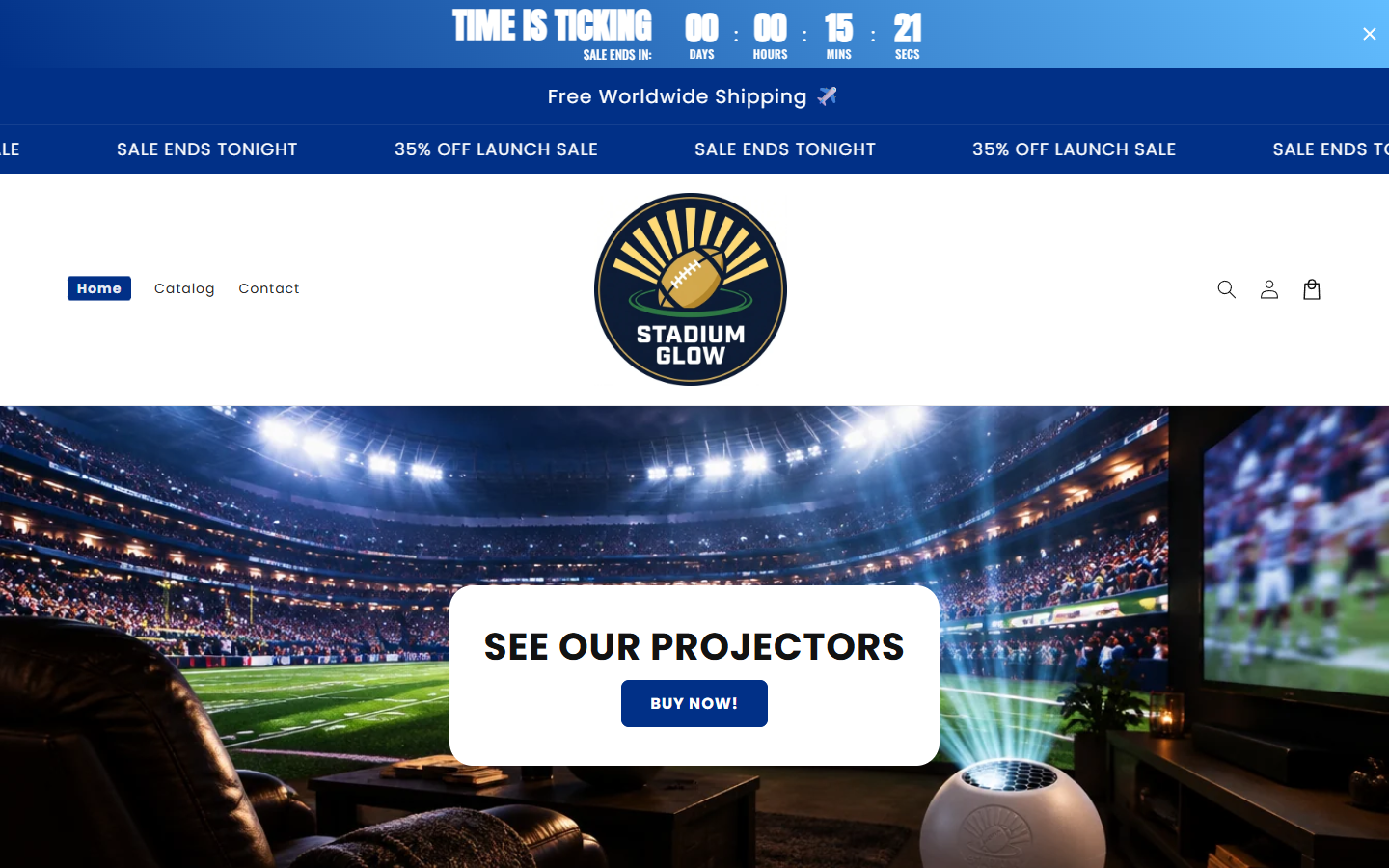 Stadium Glow homepage with football-themed product promotion and launch-sale countdown