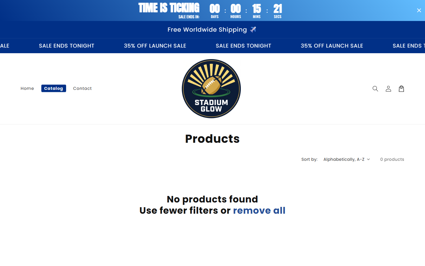 Stadium Glow catalog displaying zero products during the live review