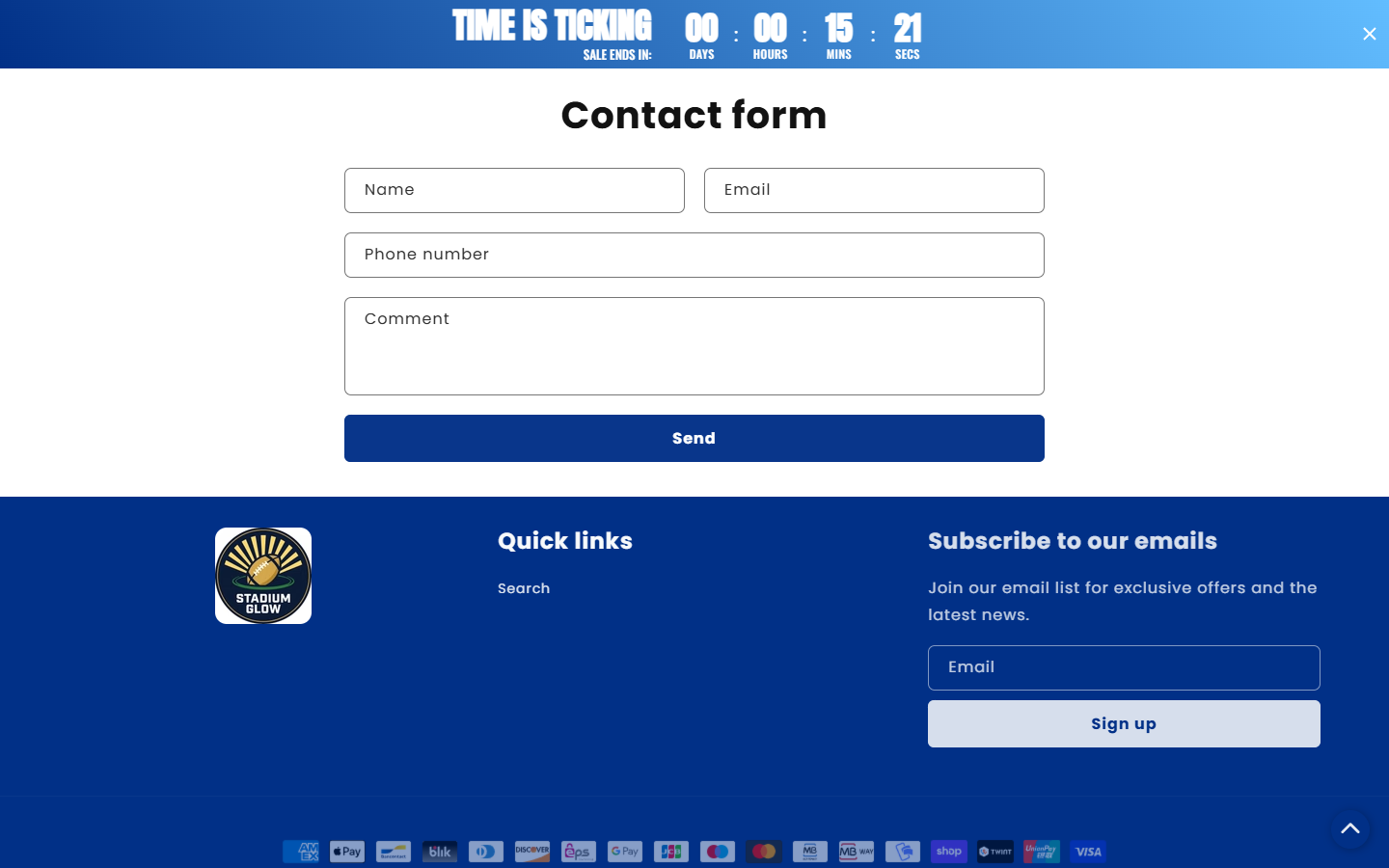 Stadium Glow contact form and footer with limited customer-service details