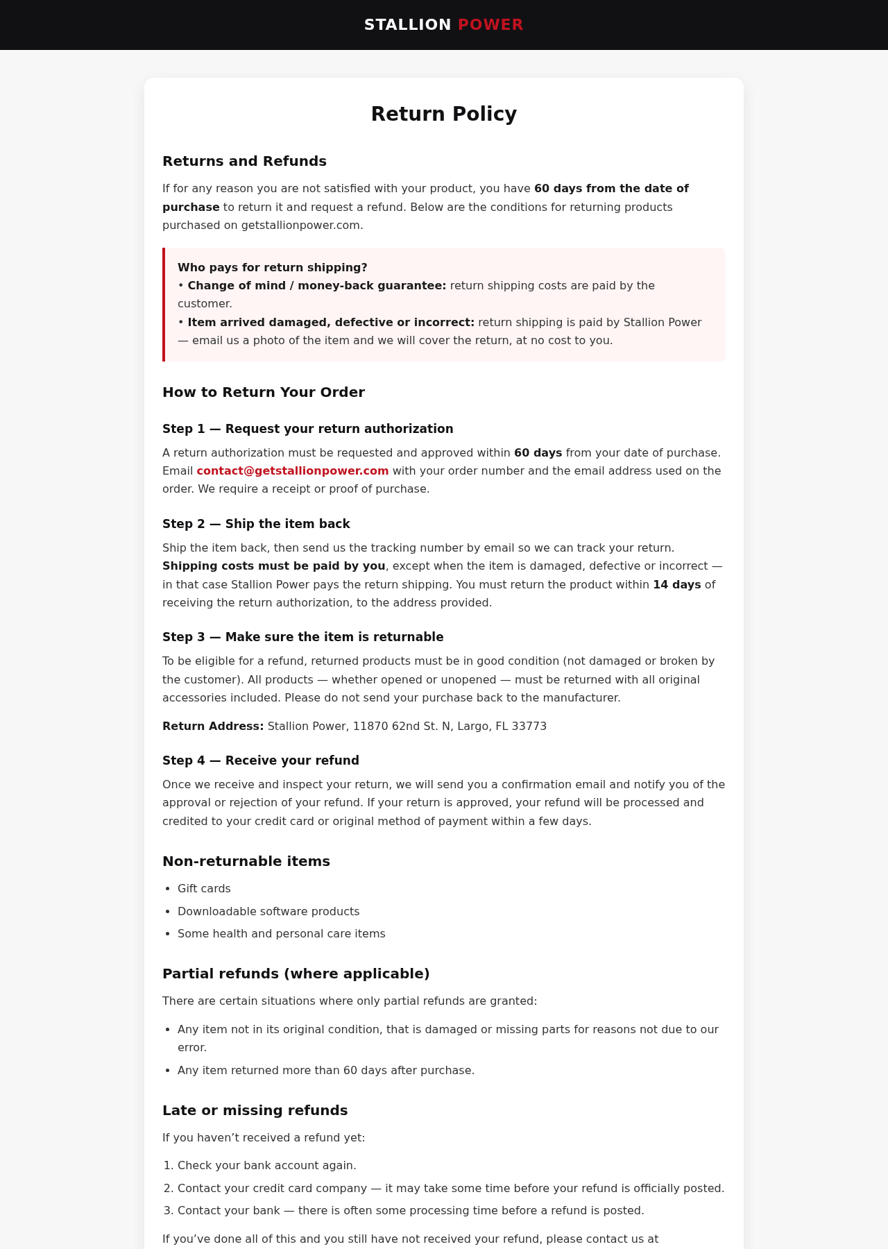 Stallion Power Gummies EXPOSED - Scam or Legit? The Full Investigation 3 Stallion Power return policy showing its purchase-date deadline and return shipping conditions