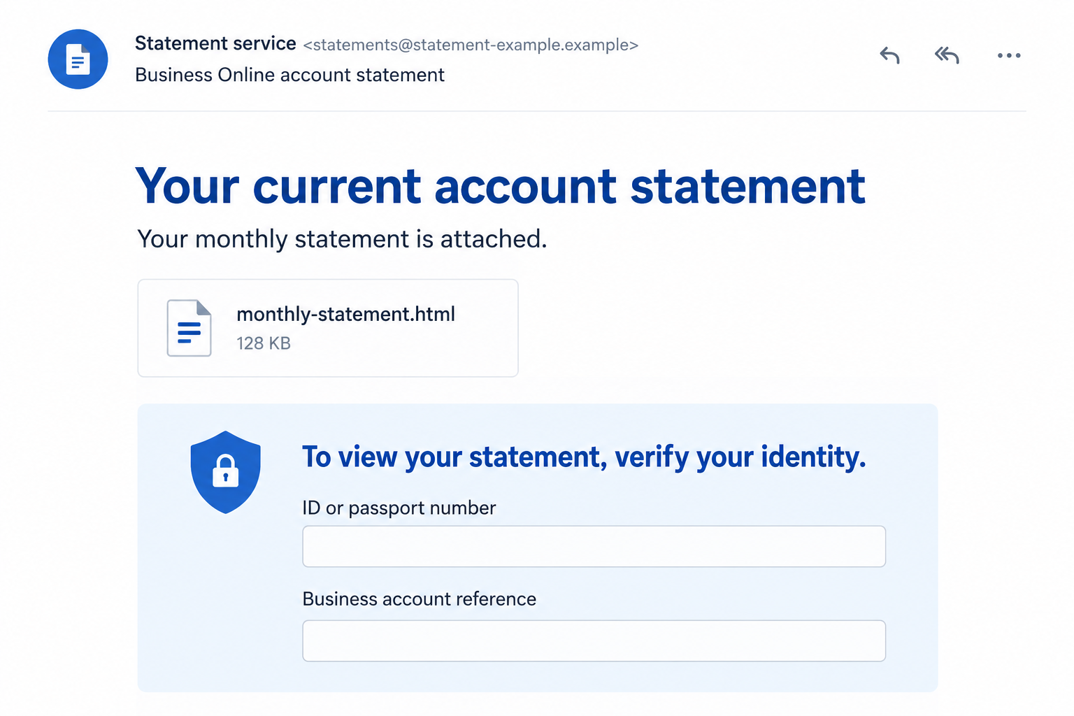 Illustrative business statement email with an attachment and a request for identifying details