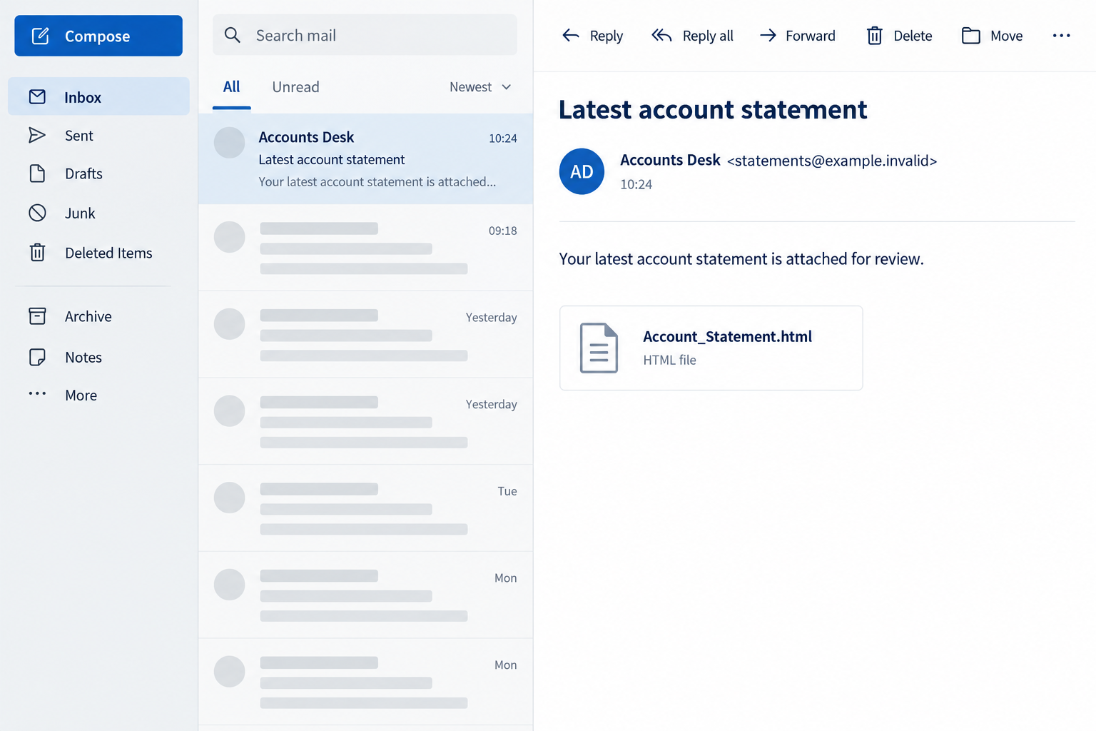 Illustrative account-statement email with an HTML attachment rather than a visible purchase statement