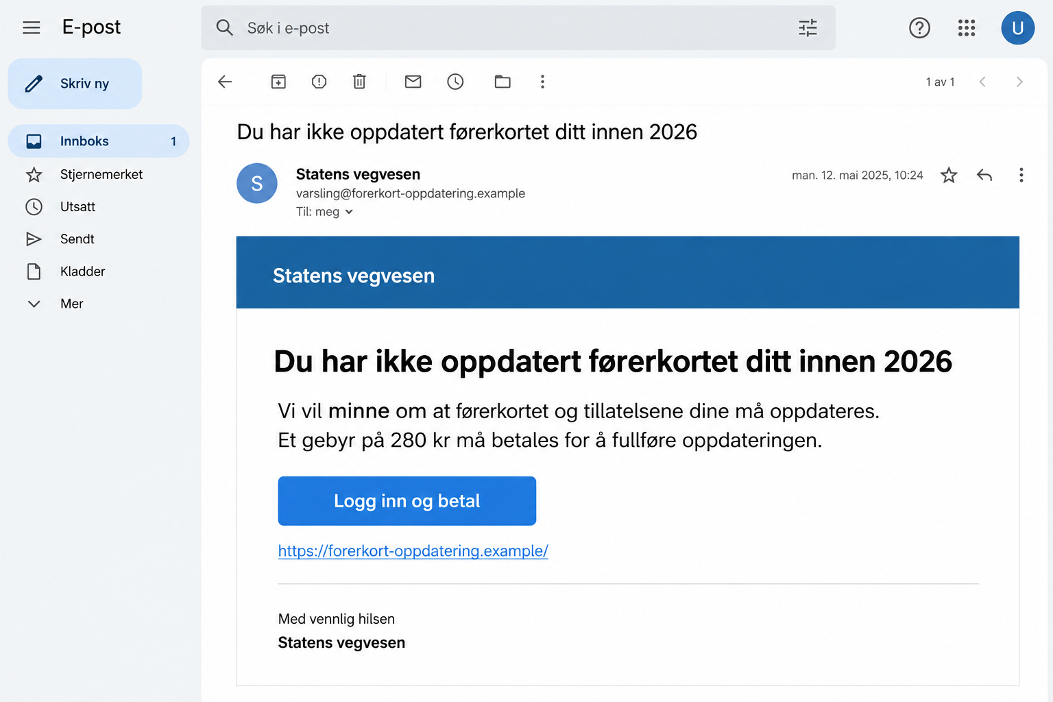 Statens Vegvesen Email Scam: The Fake 280 kr Driver's License Update Fee 1 Illustration of a fake Statens vegvesen license update email requesting 280 kr