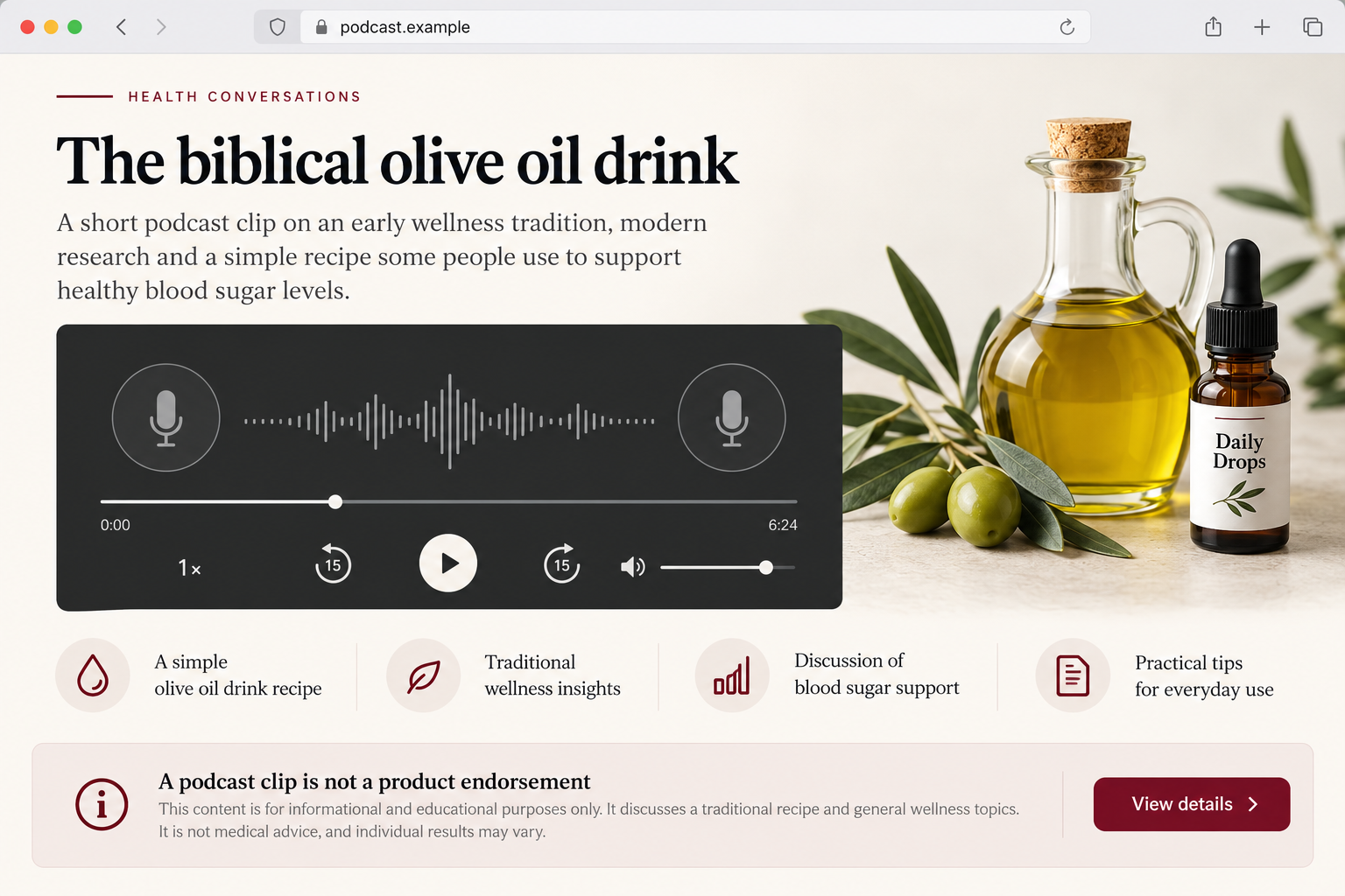 Steven Bartlett Biblical Drink Scam EXPOSED - Fake Diabetes Podcast Ads 1 Illustrative podcast-style olive oil drink offer with a waveform and generic supplement bottle