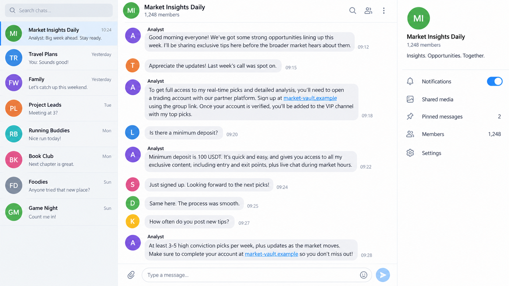 Stock Tips Group Crypto Scam Exposed: Fake Trading Platform Warning Signs 1 Illustrative stock tips messaging group promoting a fictional platform