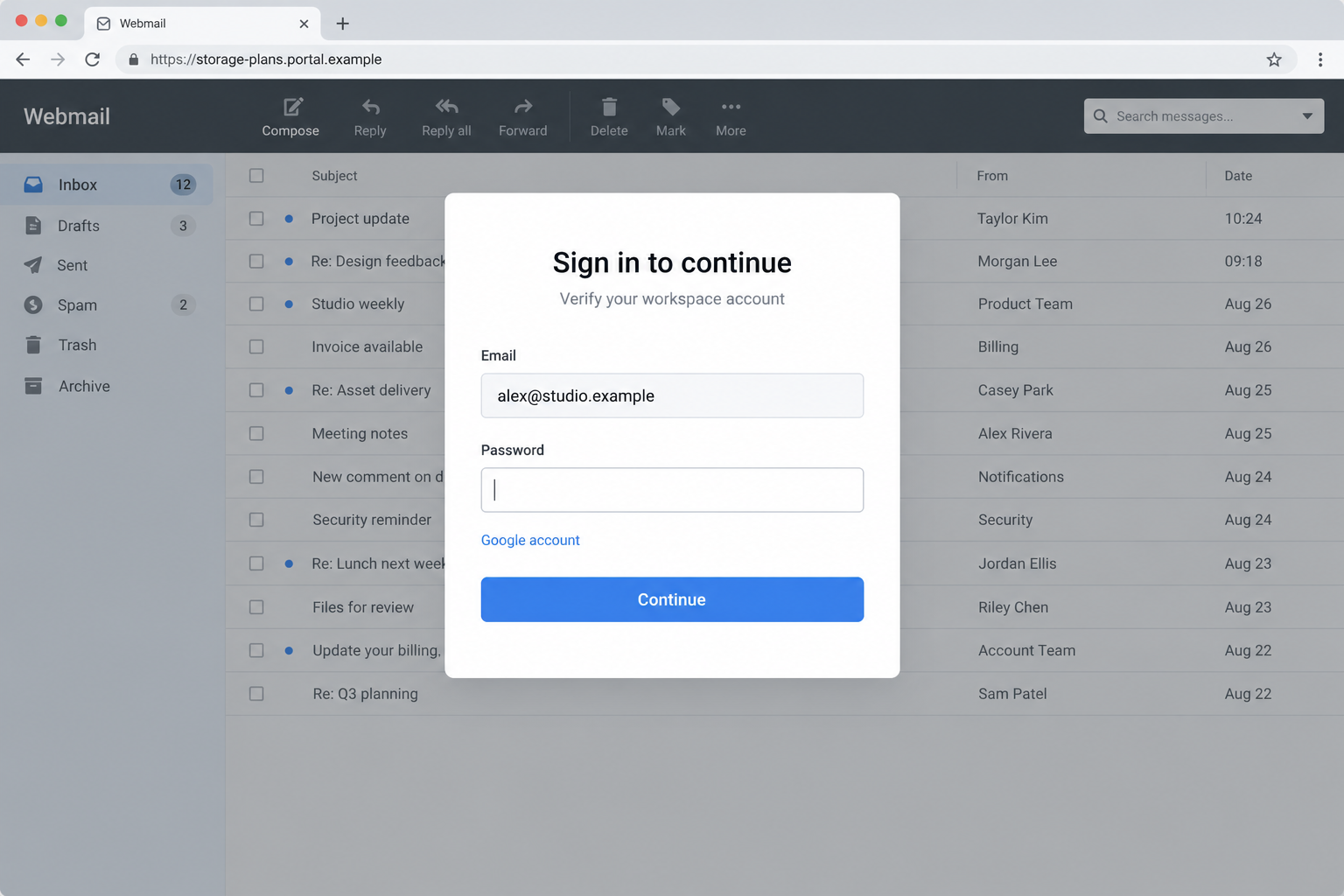 Email Workspace Storage Limit Scam: Fake Deletion Warning and Login Trap 2 Illustrative mixed-provider sign-in overlay on a webmail page using a fictional domain