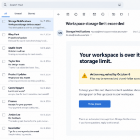 Illustrative workspace storage email threatening file deletion and shared-folder restrictions