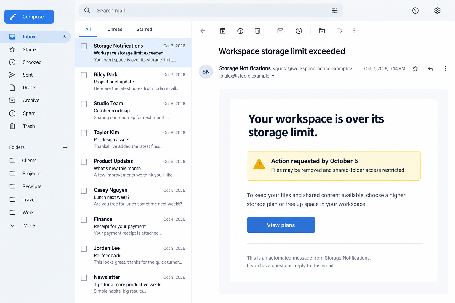 Email Workspace Storage Limit Scam: Fake Deletion Warning and Login Trap 1 Illustrative workspace storage email threatening file deletion and shared-folder restrictions